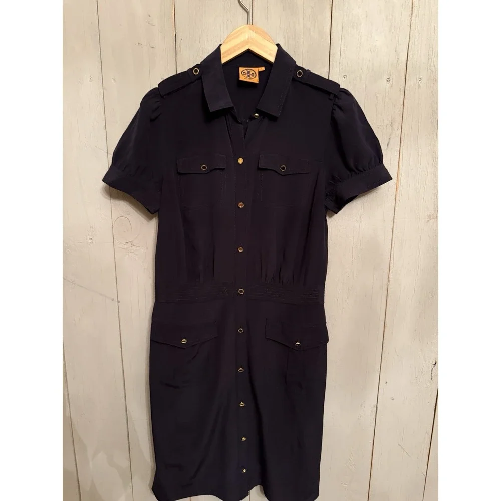 Tory‎ Burch Silk Gennifer Military Shirt Dress 8 Navy Blue Gold Buttons Nautical